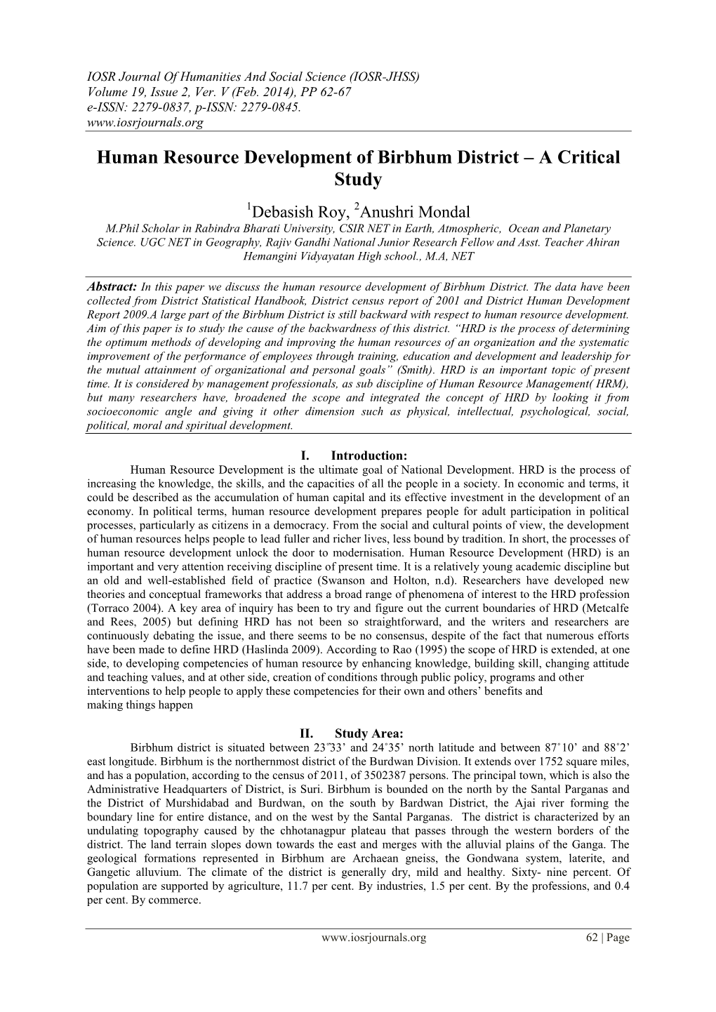 Human Resource Development of Birbhum District – a Critical Study