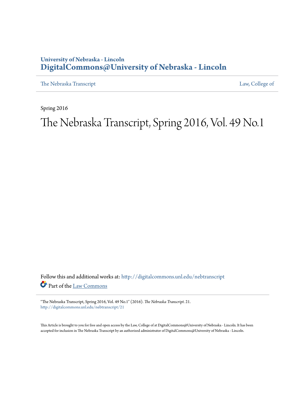 The Nebraska Transcript, Spring 2016, Vol. 49 No.1