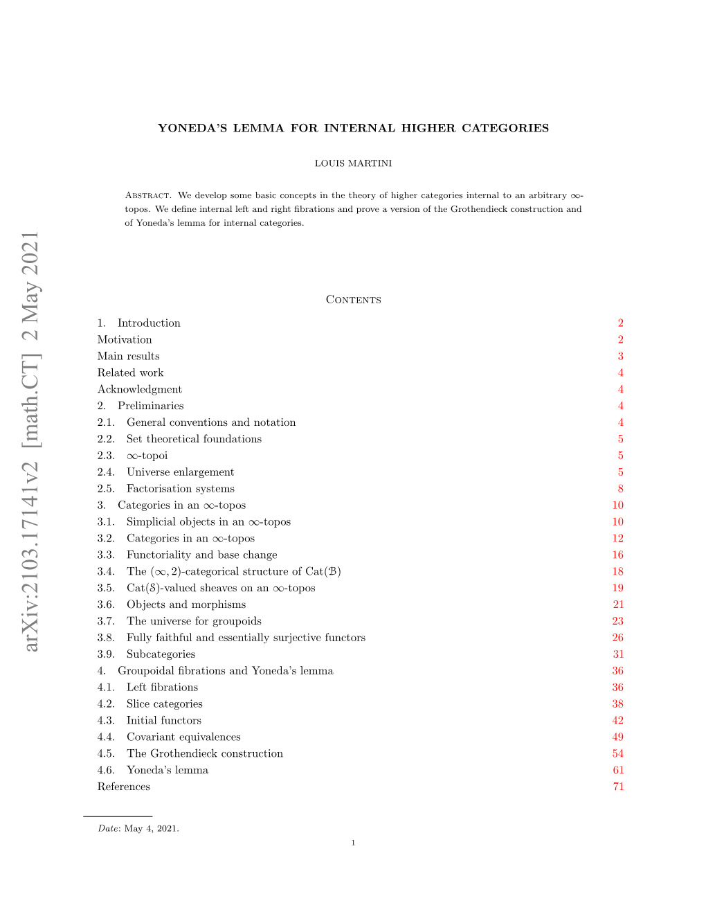 Yoneda's Lemma for Internal Higher Categories