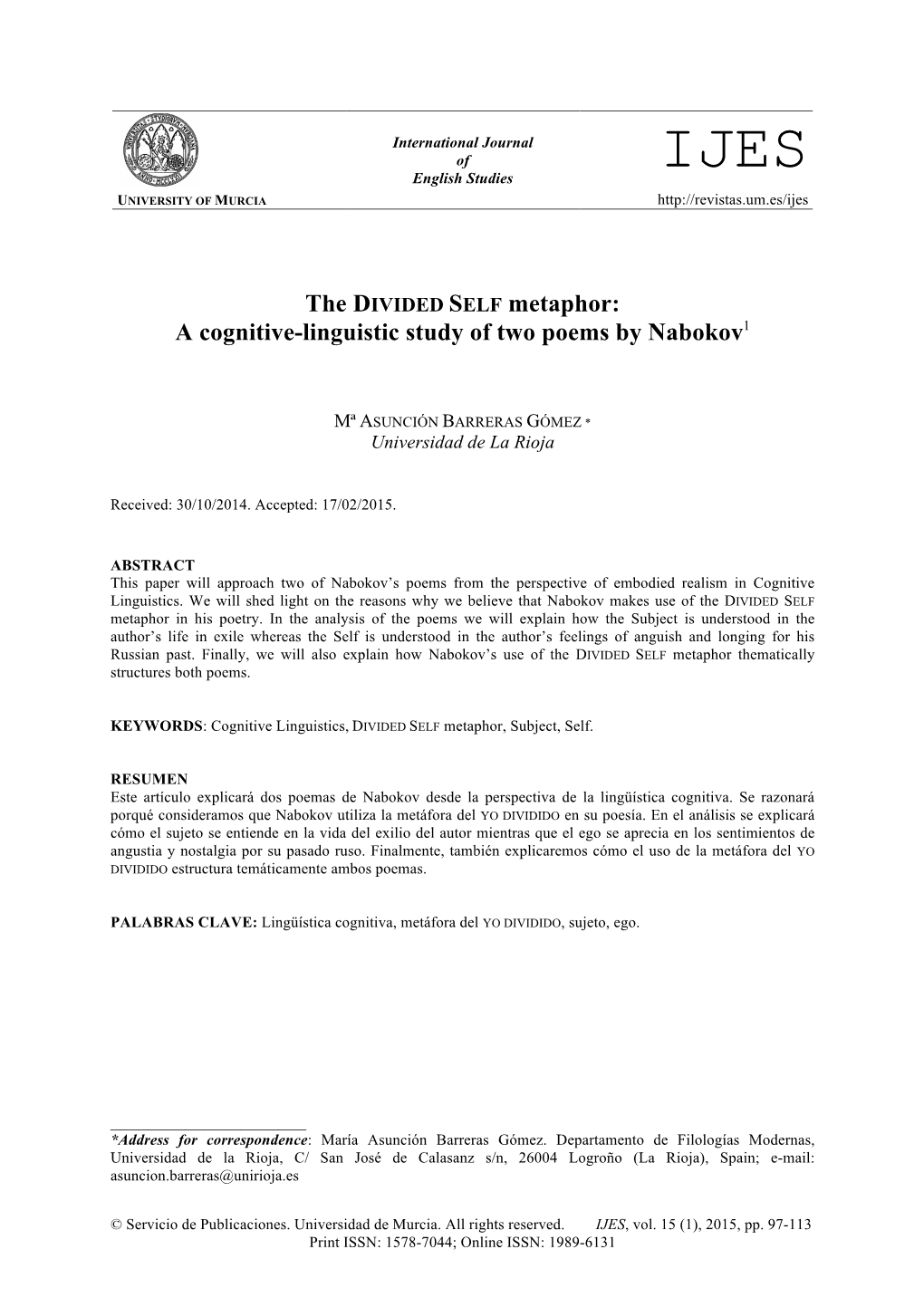 The DIVIDED SELF Metaphor: a Cognitive-Linguistic Study of Two Poems by Nabokov1