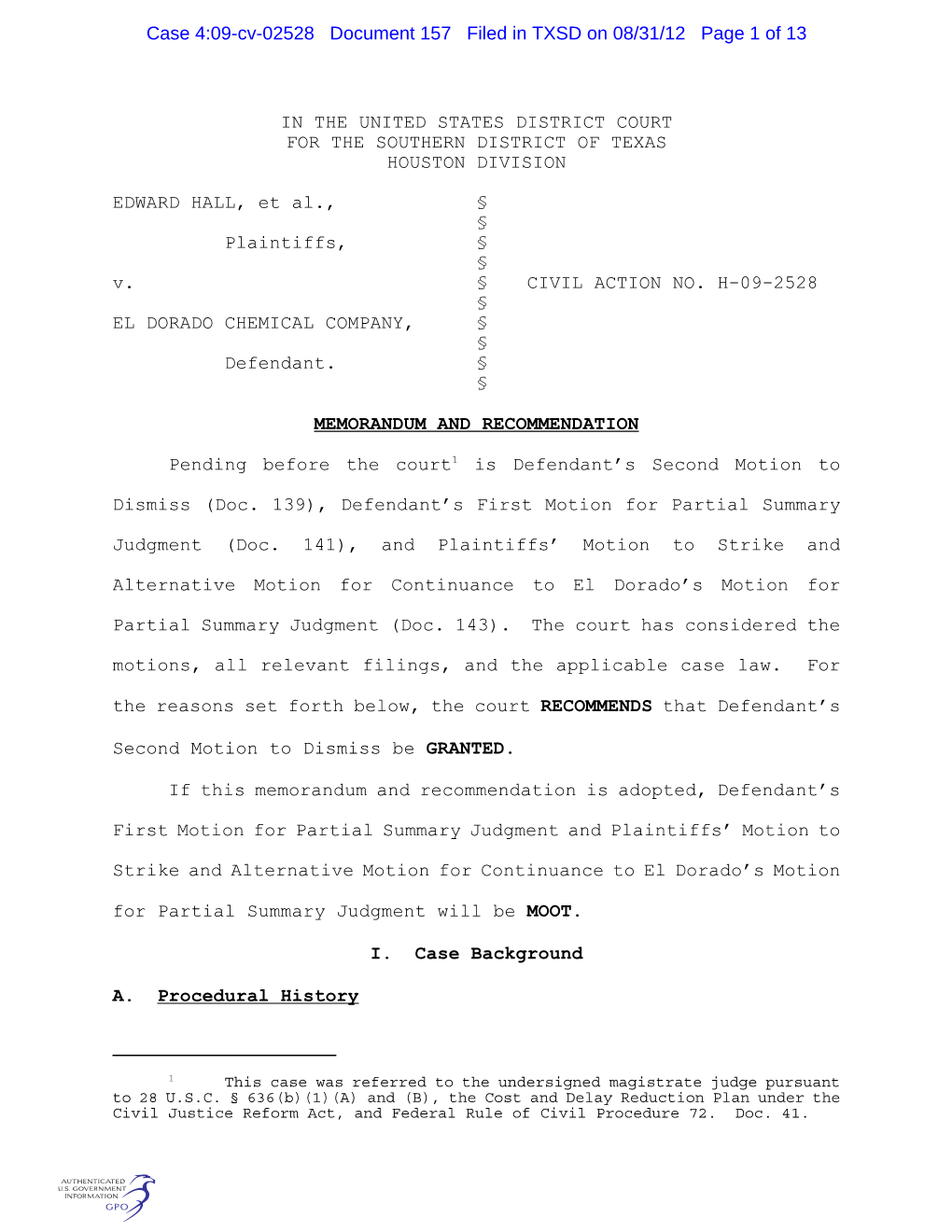 Case 4:09-Cv-02528 Document 157 Filed in TXSD on 08/31/12 Page 1 of 13