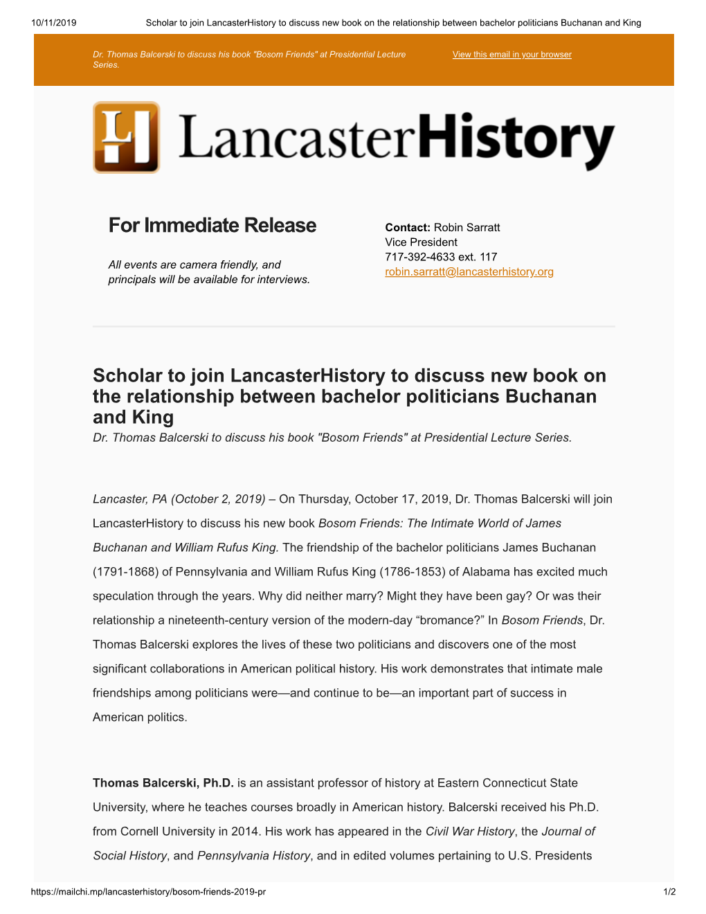 Scholar to Join Lancasterhistory to Discuss New Book on the Relationship Between Bachelor Politicians Buchanan and King