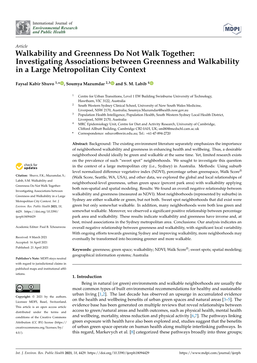 Walkability and Greenness Do Not Walk Together: Investigating Associations Between Greenness and Walkability in a Large Metropolitan City Context