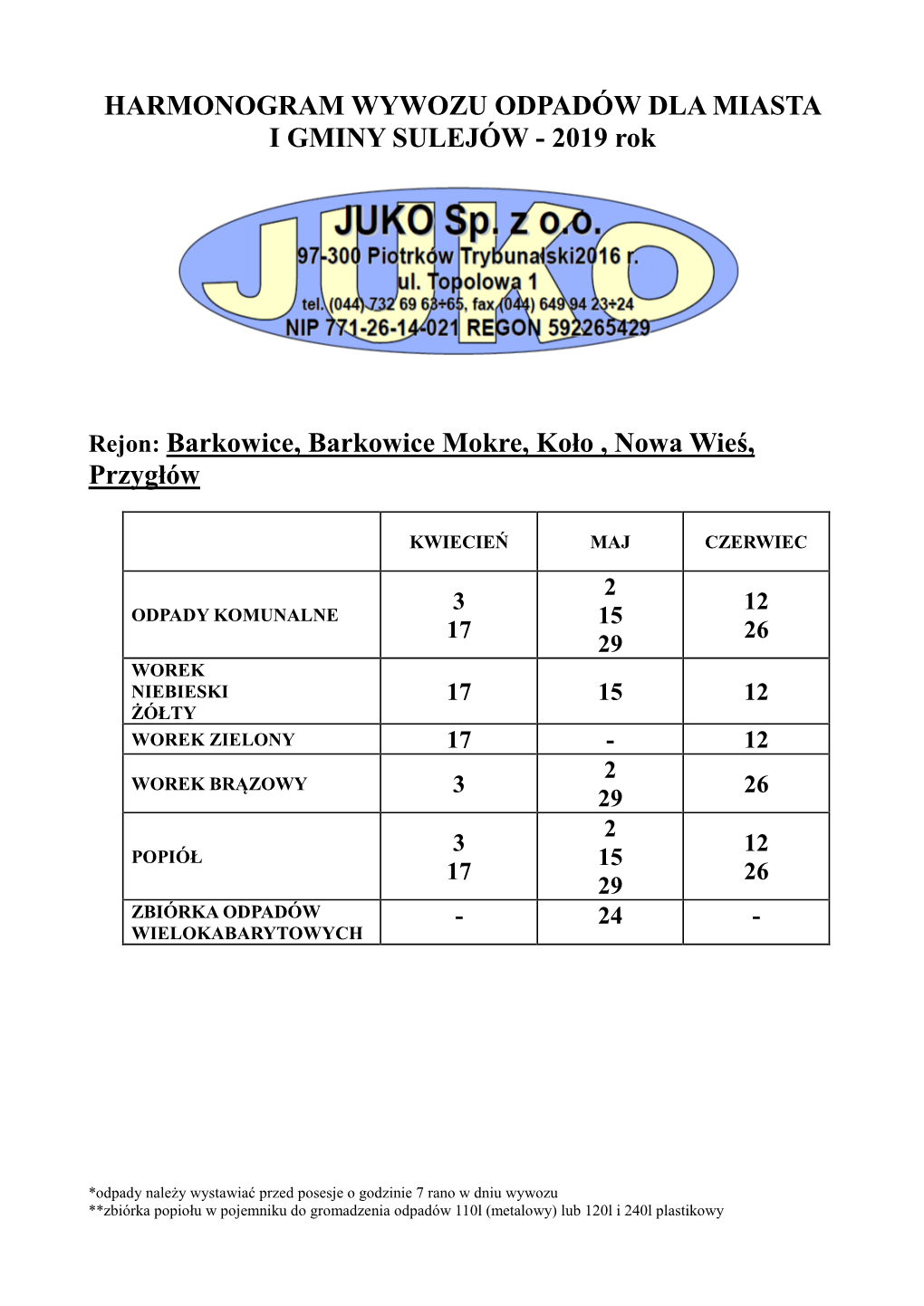 HARMONOGRAM WYWOZU ODPADÓW DLA MIASTA I GMINY SULEJÓW - 2019 Rok