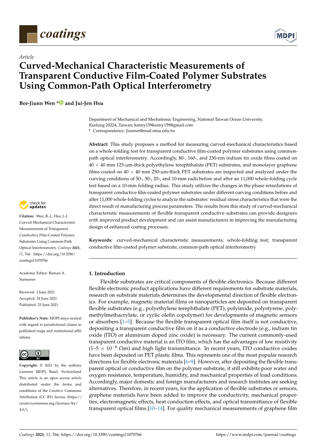 Curved-Mechanical Characteristic Measurements of Transparent Conductive Film-Coated Polymer Substrates Using Common-Path Optical Interferometry