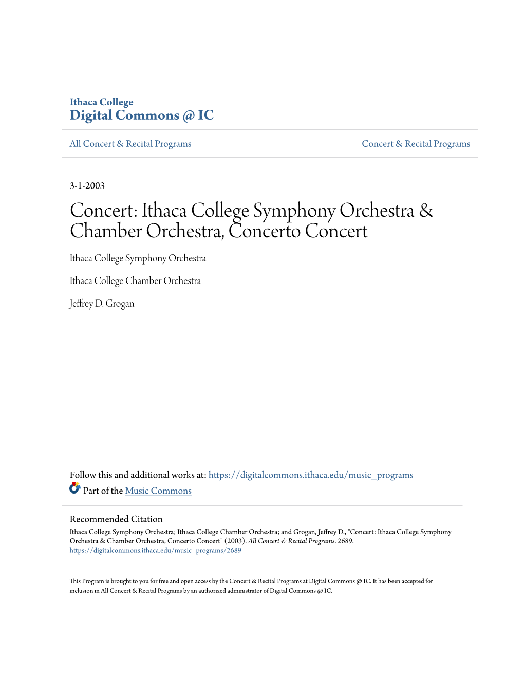 Ithaca College Symphony Orchestra & Chamber Orchestra, Concerto Concert