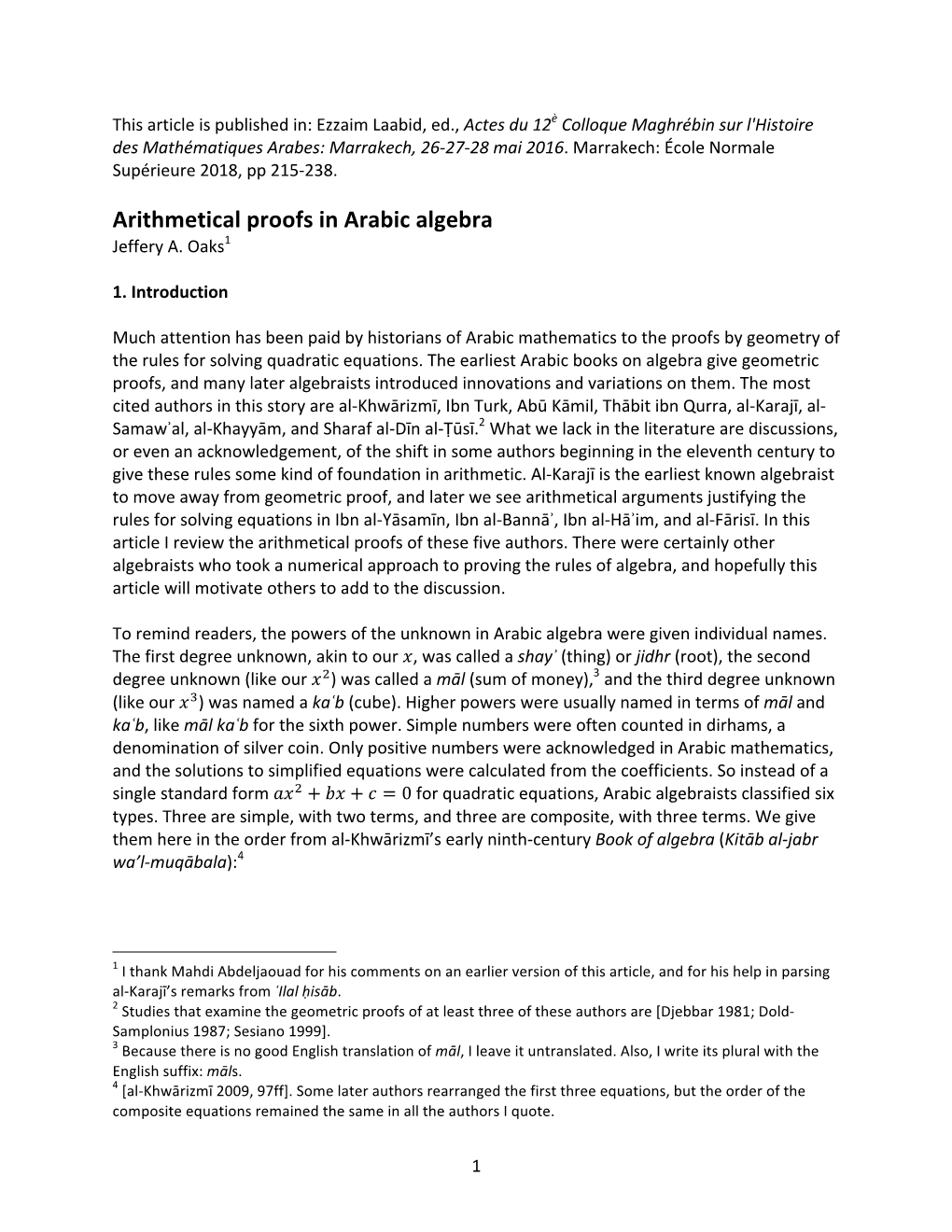 Arithmetical Proofs in Arabic Algebra Jeffery A