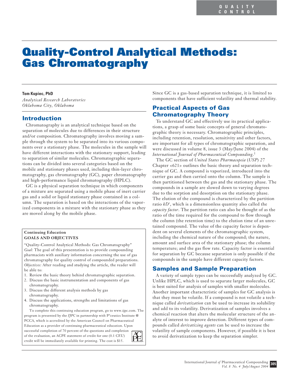 Quality-Control Analytical Methods: Gas Chromatography