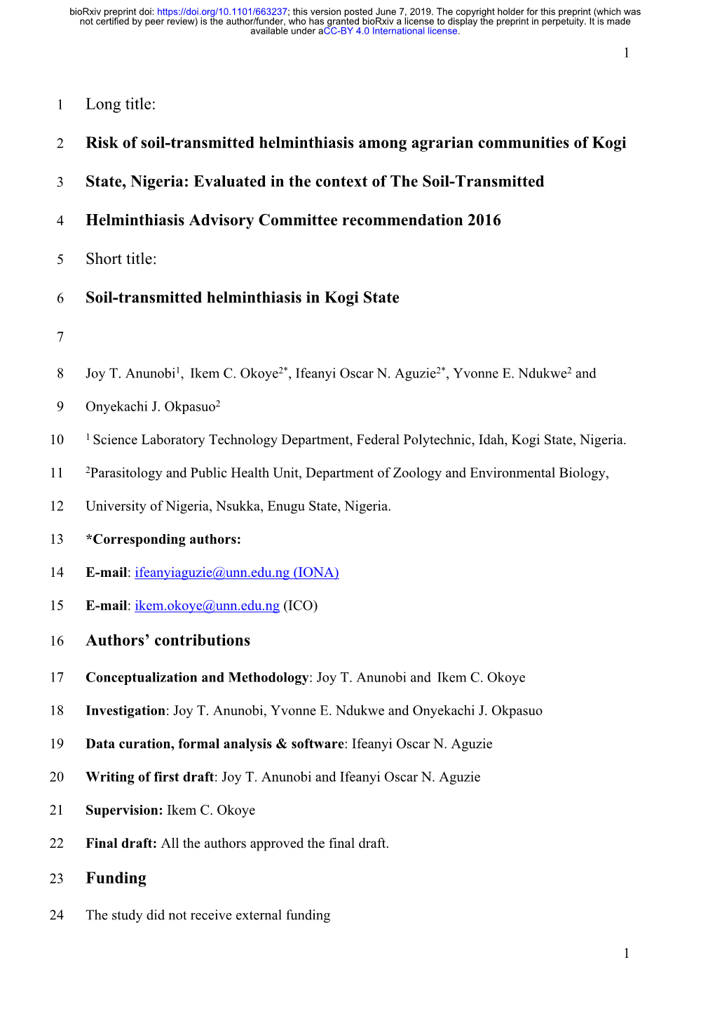 Risk of Soil-Transmitted Helminthiasis Among Agrarian Communities of Kogi