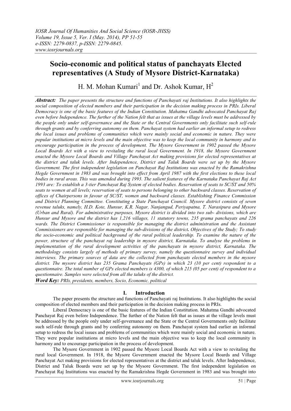 Socio-Economic and Political Status of Panchayats Elected Representatives (A Study of Mysore District-Karnataka)