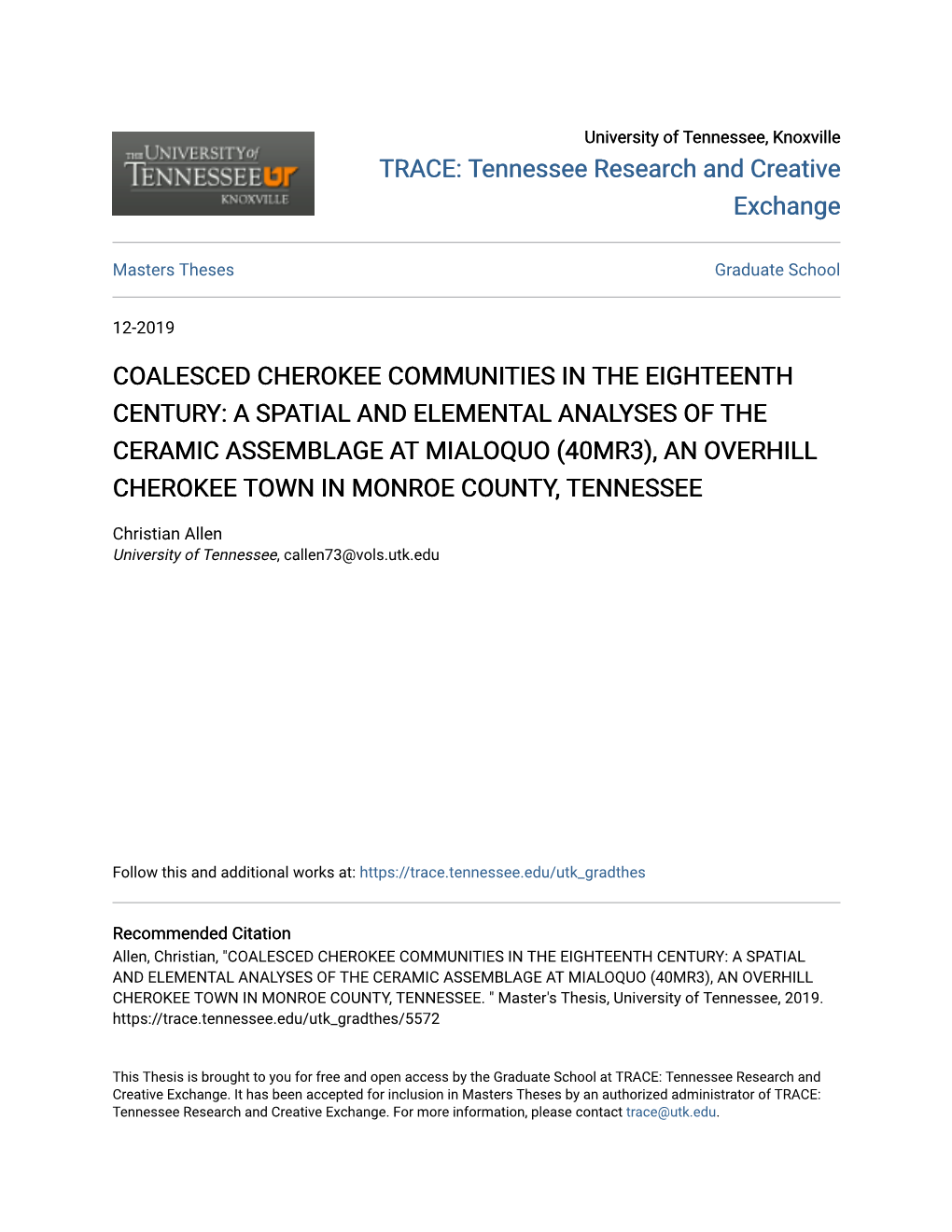 A Spatial and Elemental Analyses of the Ceramic Assemblage at Mialoquo (40Mr3), an Overhill Cherokee Town in Monroe County, Tennessee