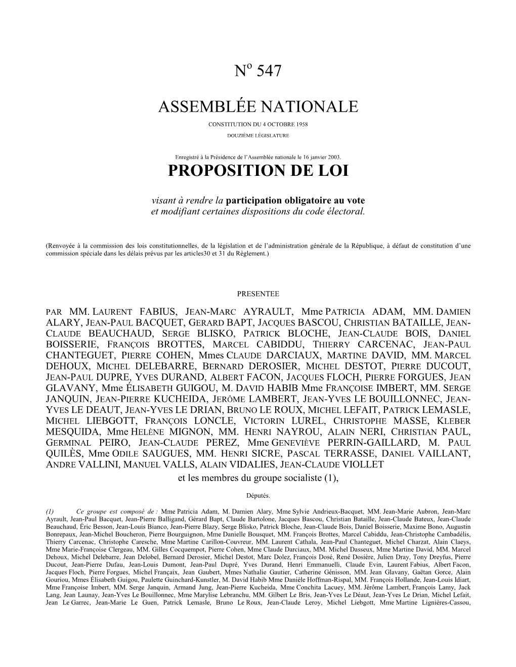 N 547 Assemblée Nationale Proposition De