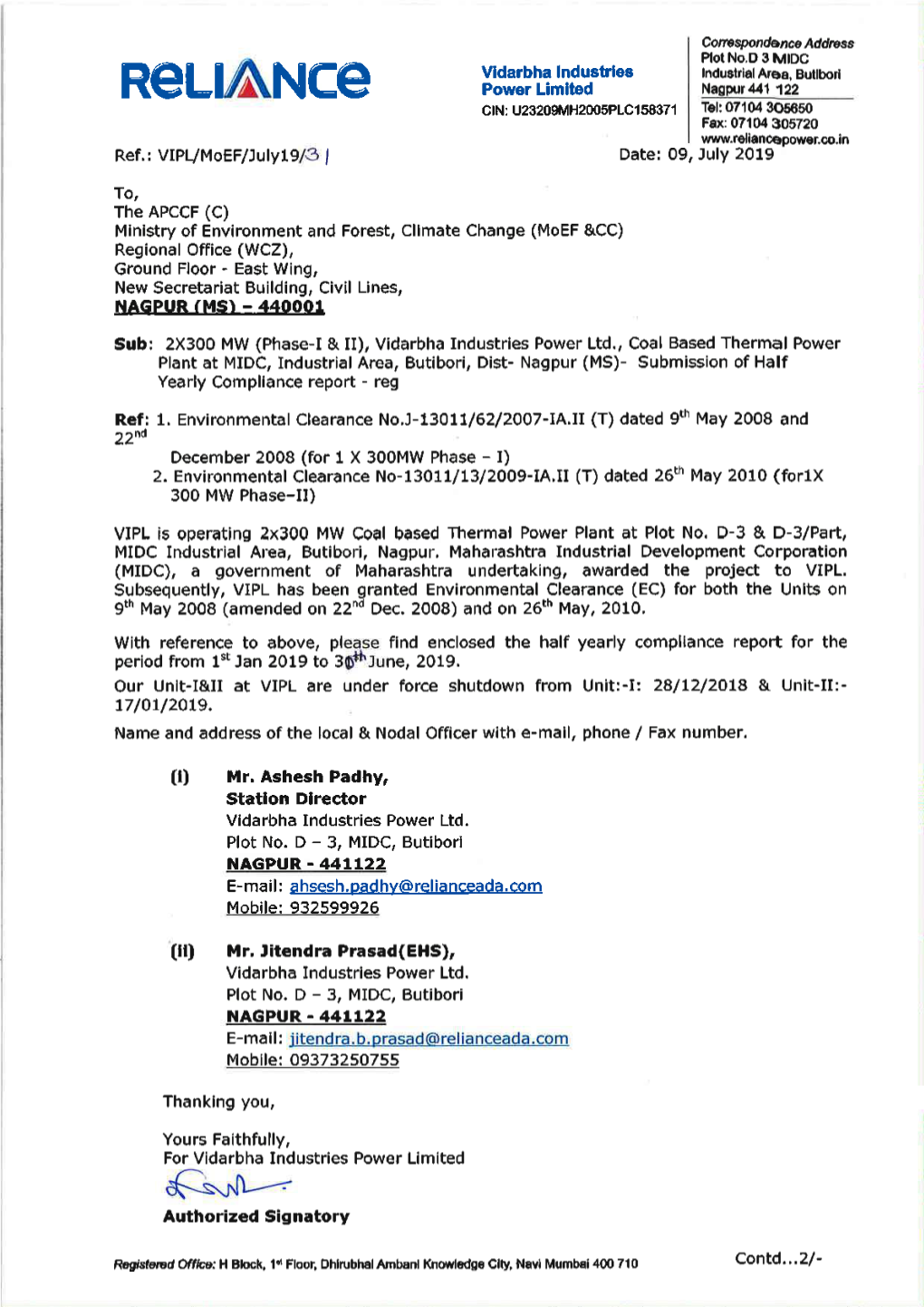 SIX MONTHLY COMPLIANCE REPORT of ENVIRONMENTAL CLEARANCE 2X300 THERMAL POWER PLANT at D3, D3 Part, MIDC, Butibori, Nagpur