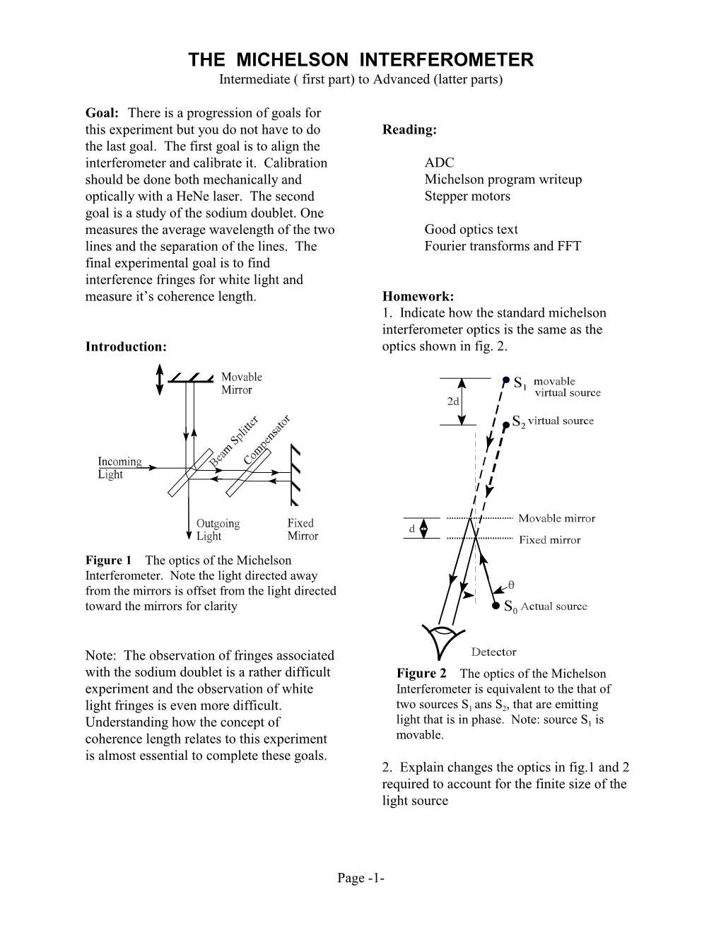 THE MICHELSON INTERFEROMETER Intermediate ( First Part) to Advanced (Latter Parts)