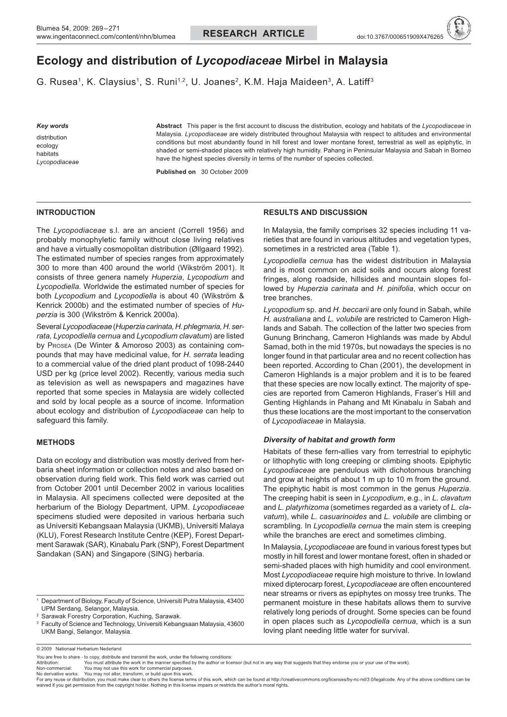 Ecology and Distribution of Lycopodiaceae Mirbel in Malaysia