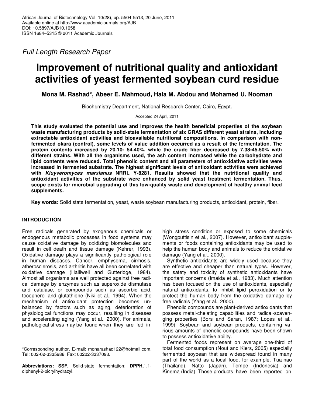 Improvement of Nutritional Quality and Antioxidant Activities of Yeast Fermented Soybean Curd Residue
