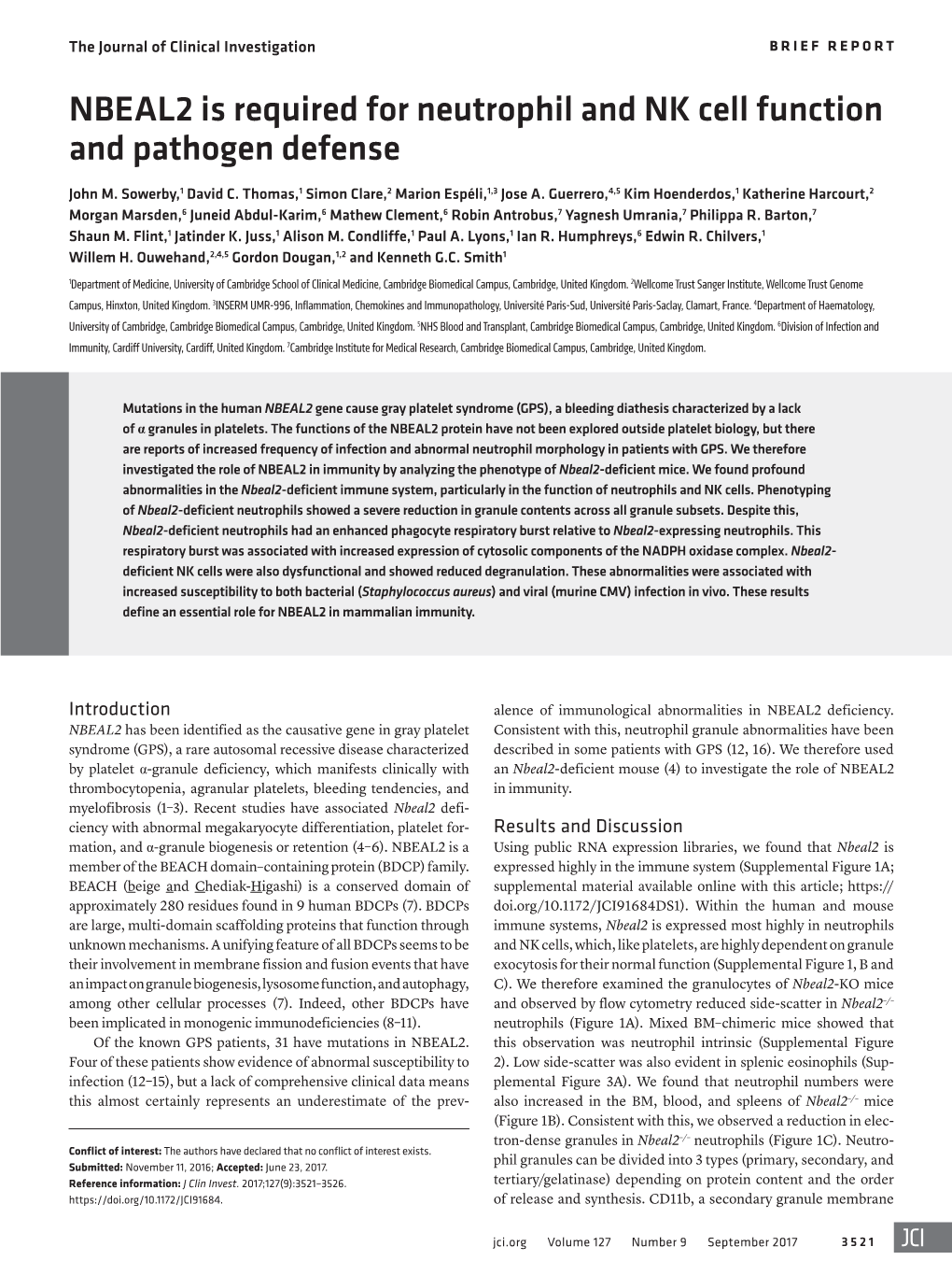 NBEAL2 Is Required for Neutrophil and NK Cell Function and Pathogen Defense