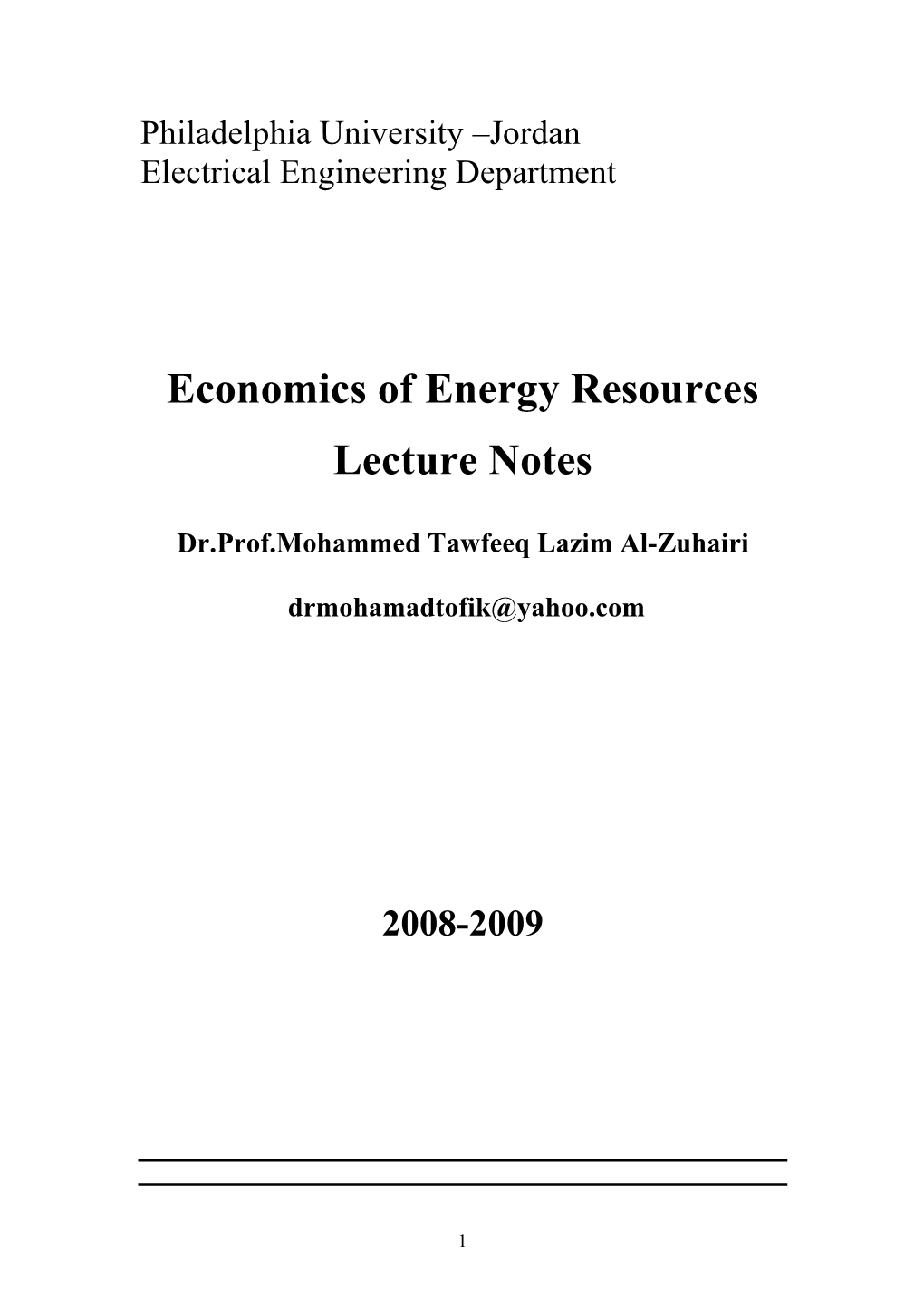 Economics of Energy Resources Lecture Notes