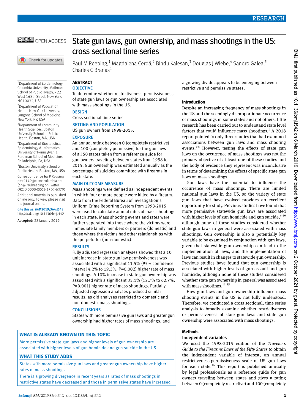 State Gun Laws, Gun Ownership, and Mass Shootings in the US: Cross Sectional Time Series BMJ: First Published As 10.1136/Bmj.L542 on 6 March 2019