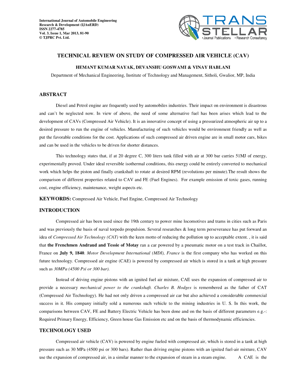 Technical Review on Study of Compressed Air Vehicle (Cav)