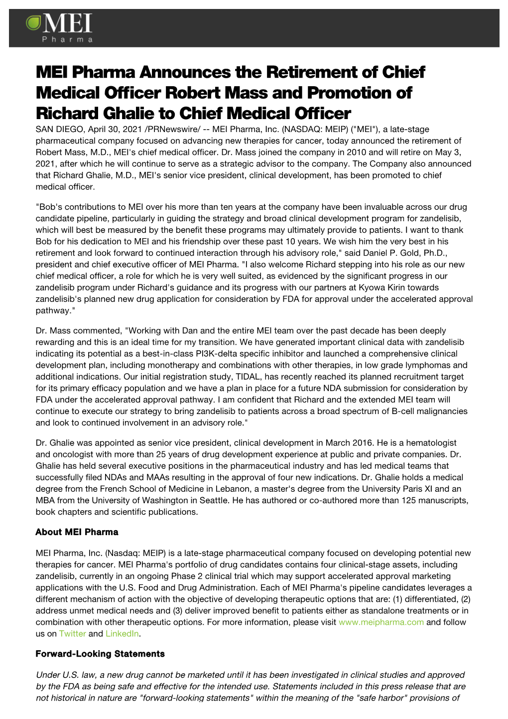 MEI Pharma Announces the Retirement of Chief Medical Officer