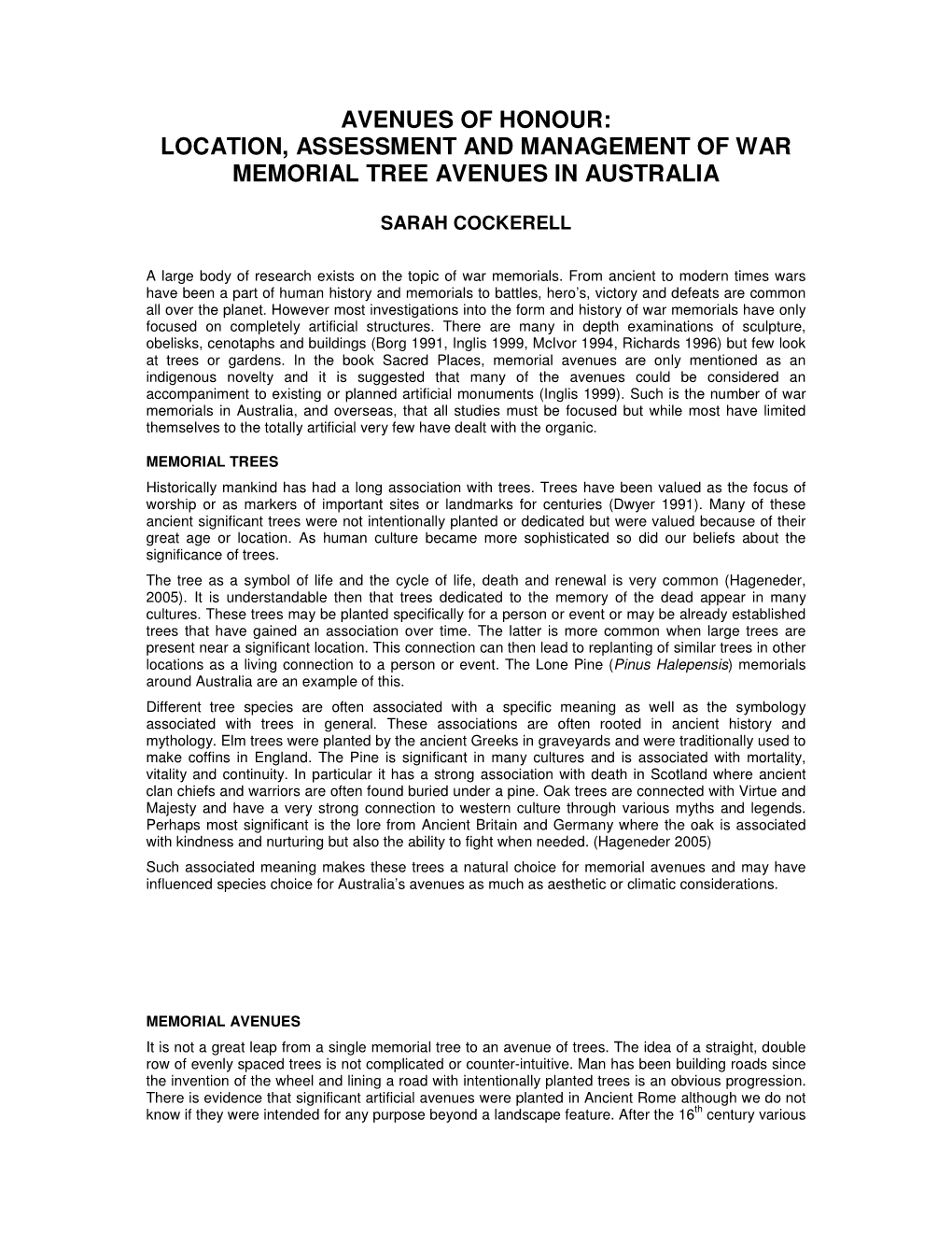 Avenues of Honour: Location, Assessment and Management of War Memorial Tree Avenues in Australia