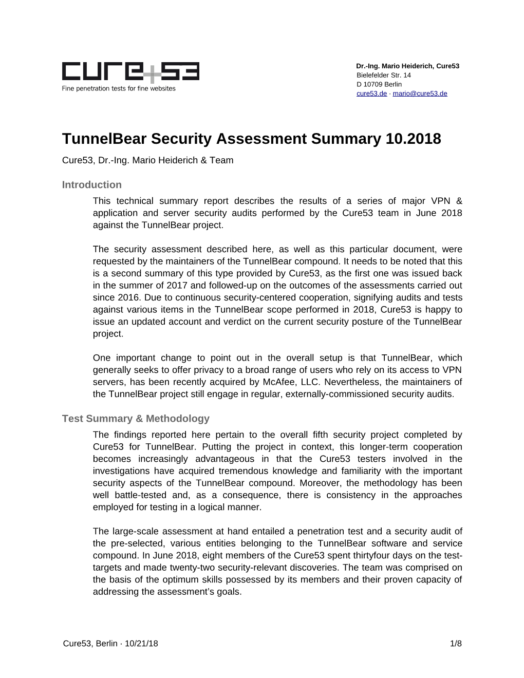 Tunnelbear Security Assessment Summary 10.2018 Cure53, Dr.-Ing