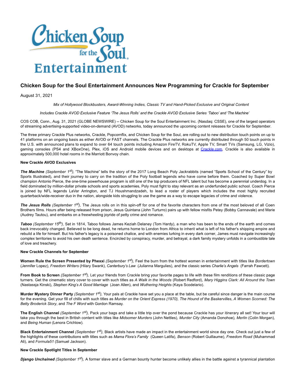 Chicken Soup for the Soul Entertainment Announces New Programming for Crackle for September