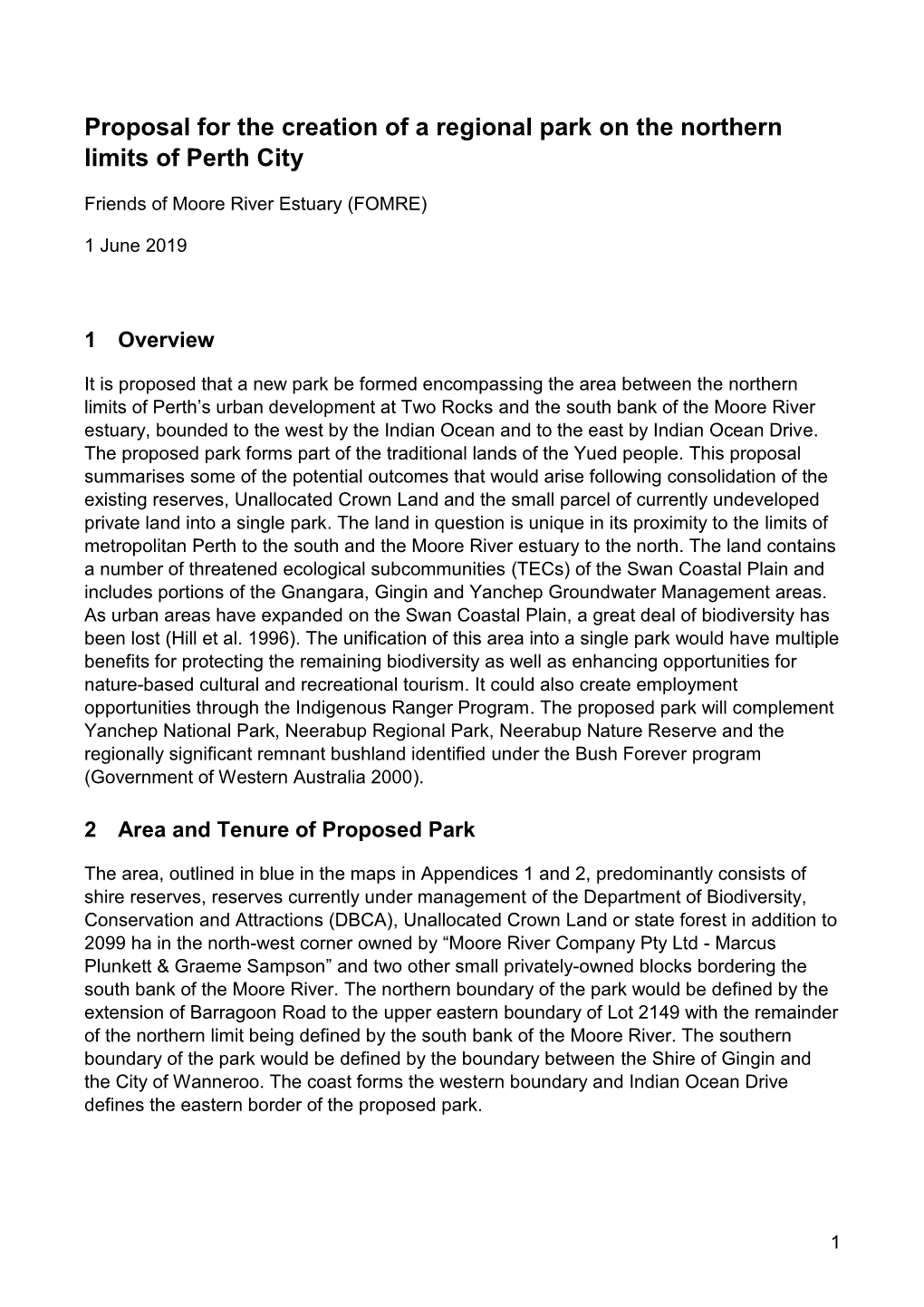 Proposal for the Creation of a Regional Park on the Northern Limits of Perth City