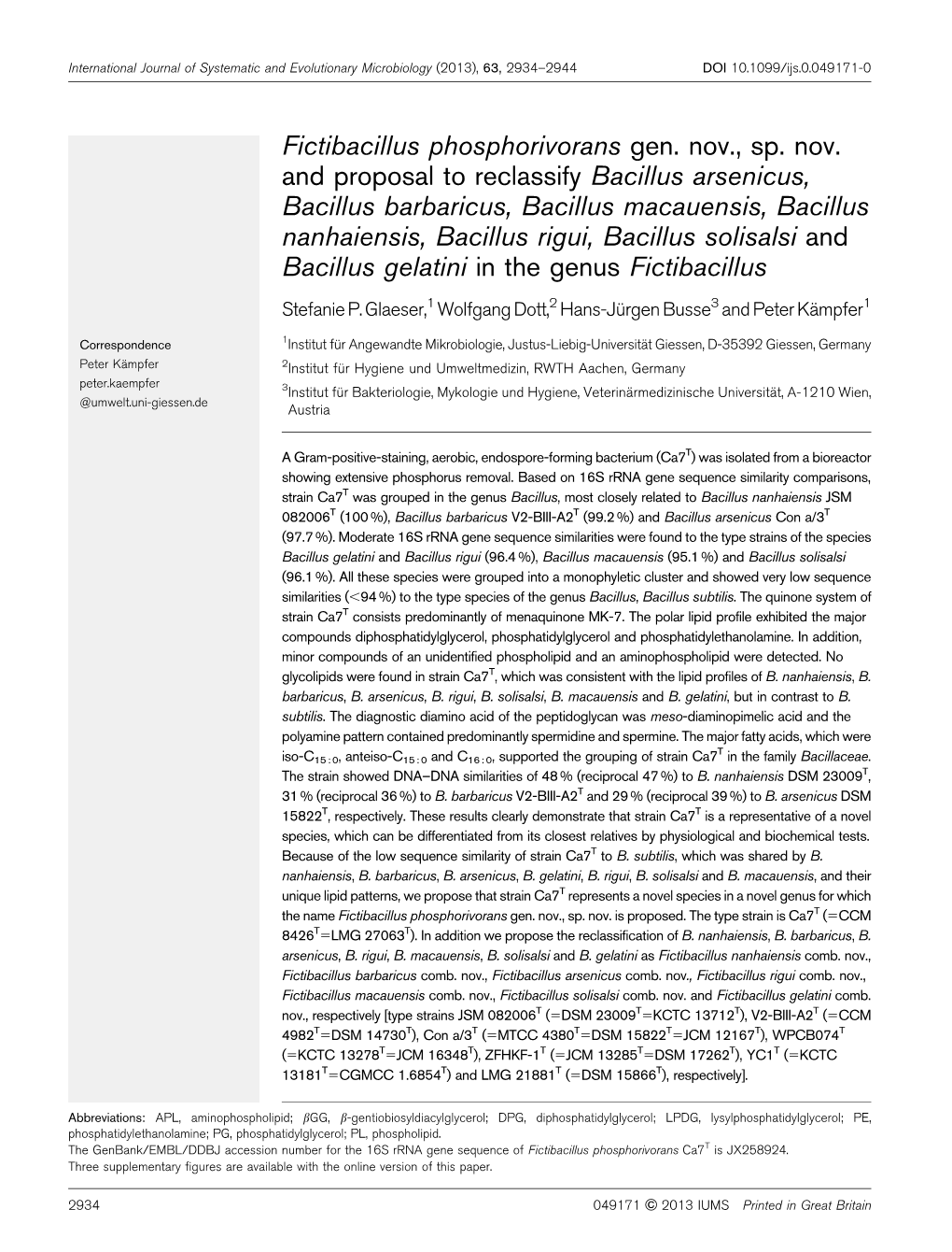 Fictibacillus Phosphorivorans Gen. Nov., Sp. Nov. and Proposal to Reclassify