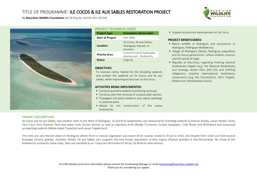 Ile Cocos & Ile Aux Sables Restoration Project