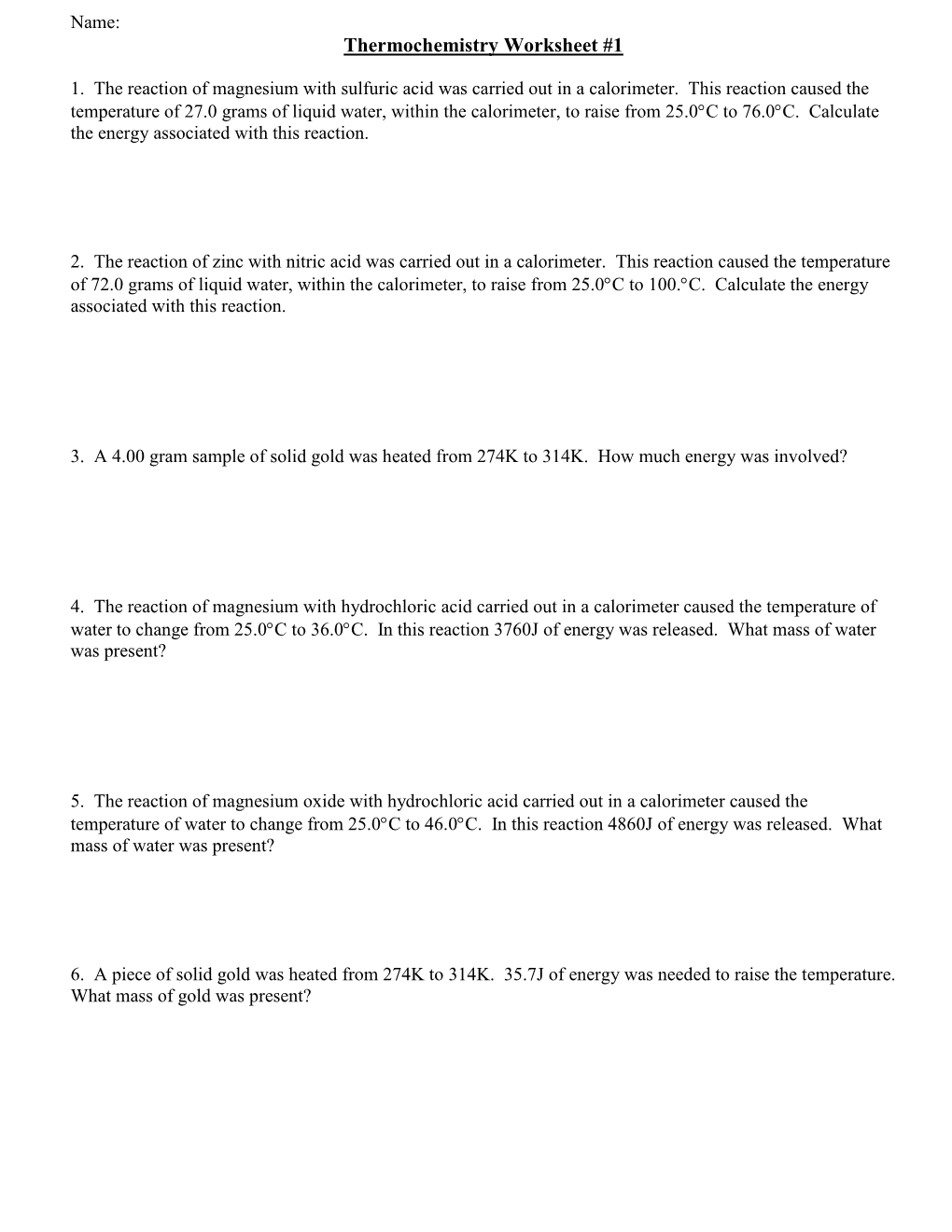 Thermochemistry Worksheet #1