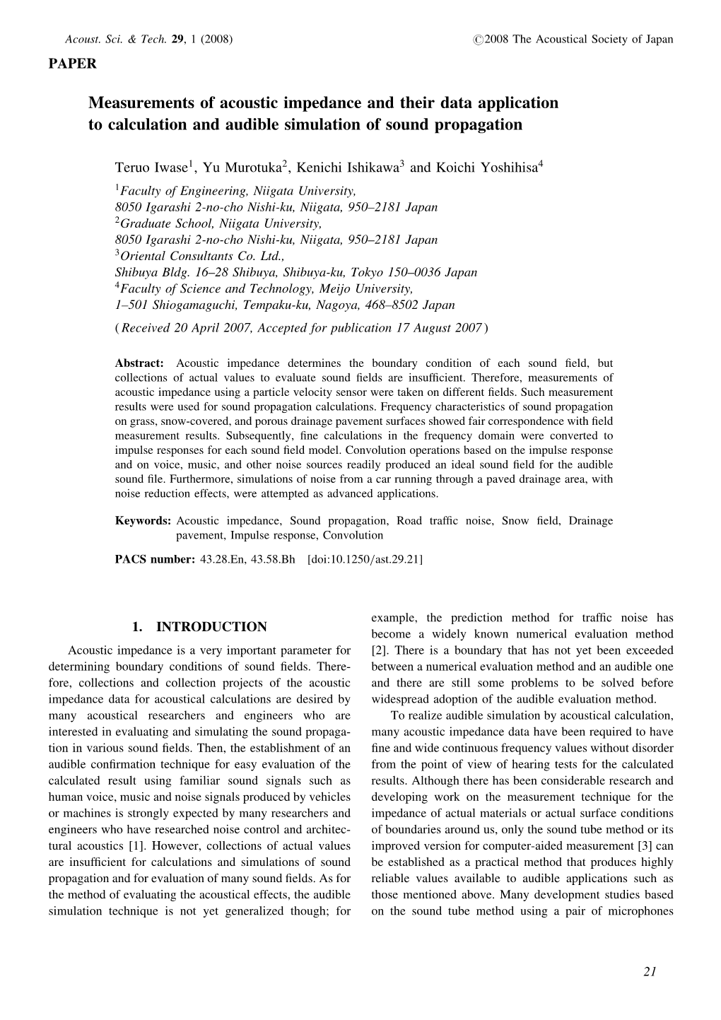 Measurements of Acoustic Impedance and Their Data Application to Calculation and Audible Simulation of Sound Propagation