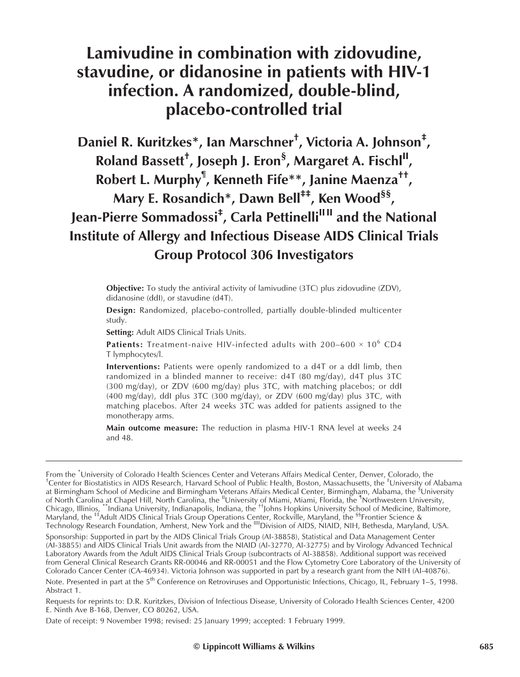 Lamivudine in Combination with Zidovudine, Stavudine, Or Didanosine in Patients with HIV-1 Infection