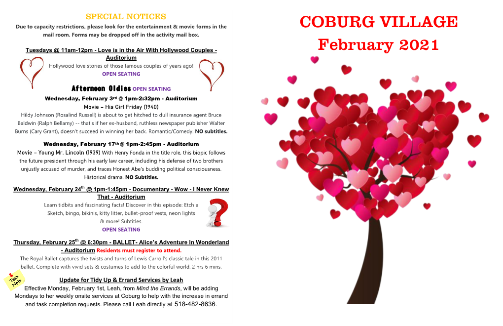 COBURG VILLAGE February 2021 Sun Mon Tues Wed Thurs Fri Sat