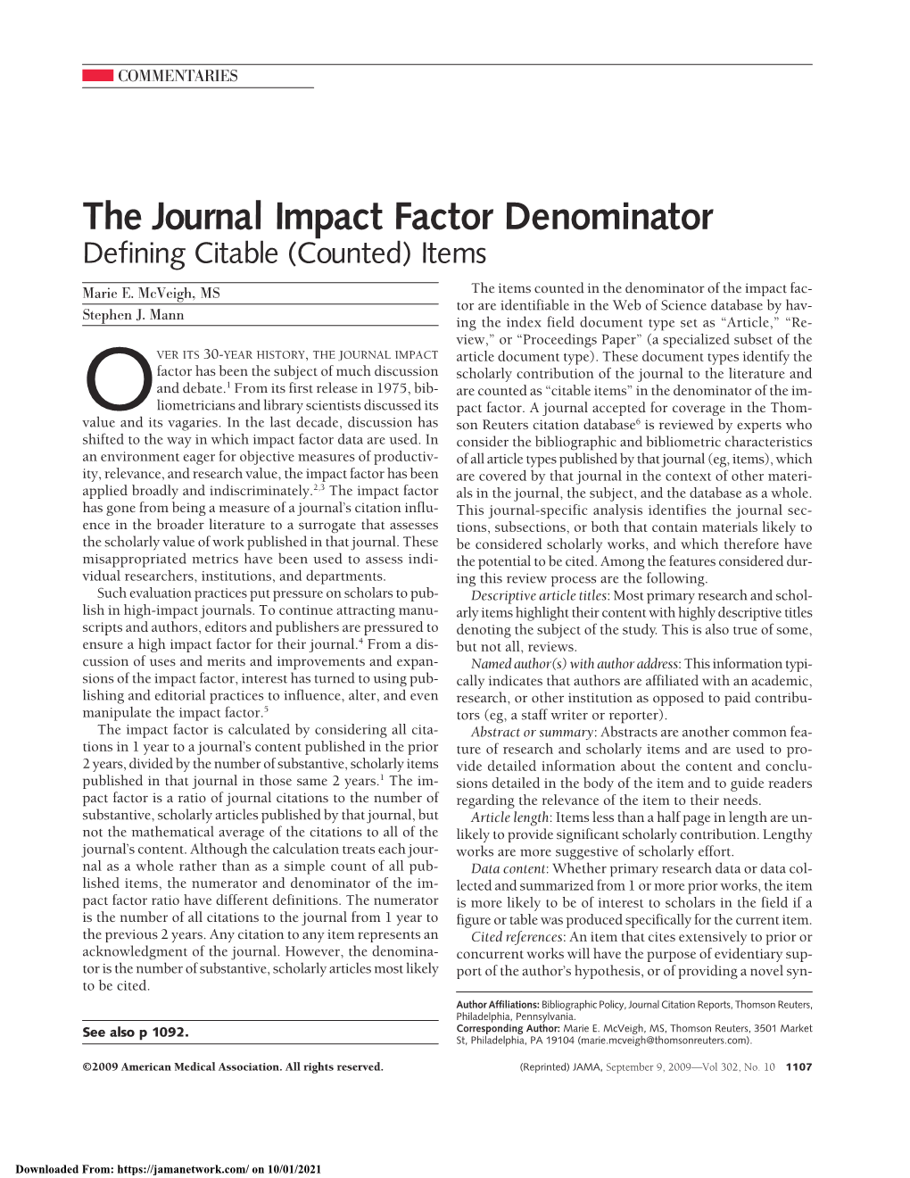 The Journal Impact Factor Denominator Defining Citable (Counted) Items