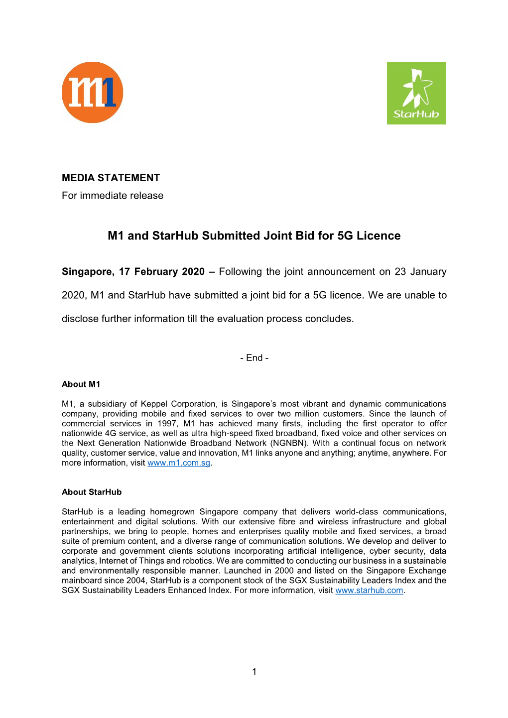 M1 and Starhub Submitted Joint Bid for 5G Licence