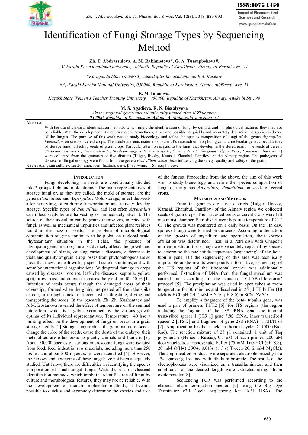 Identification of Fungi Storage Types by Sequencing Method