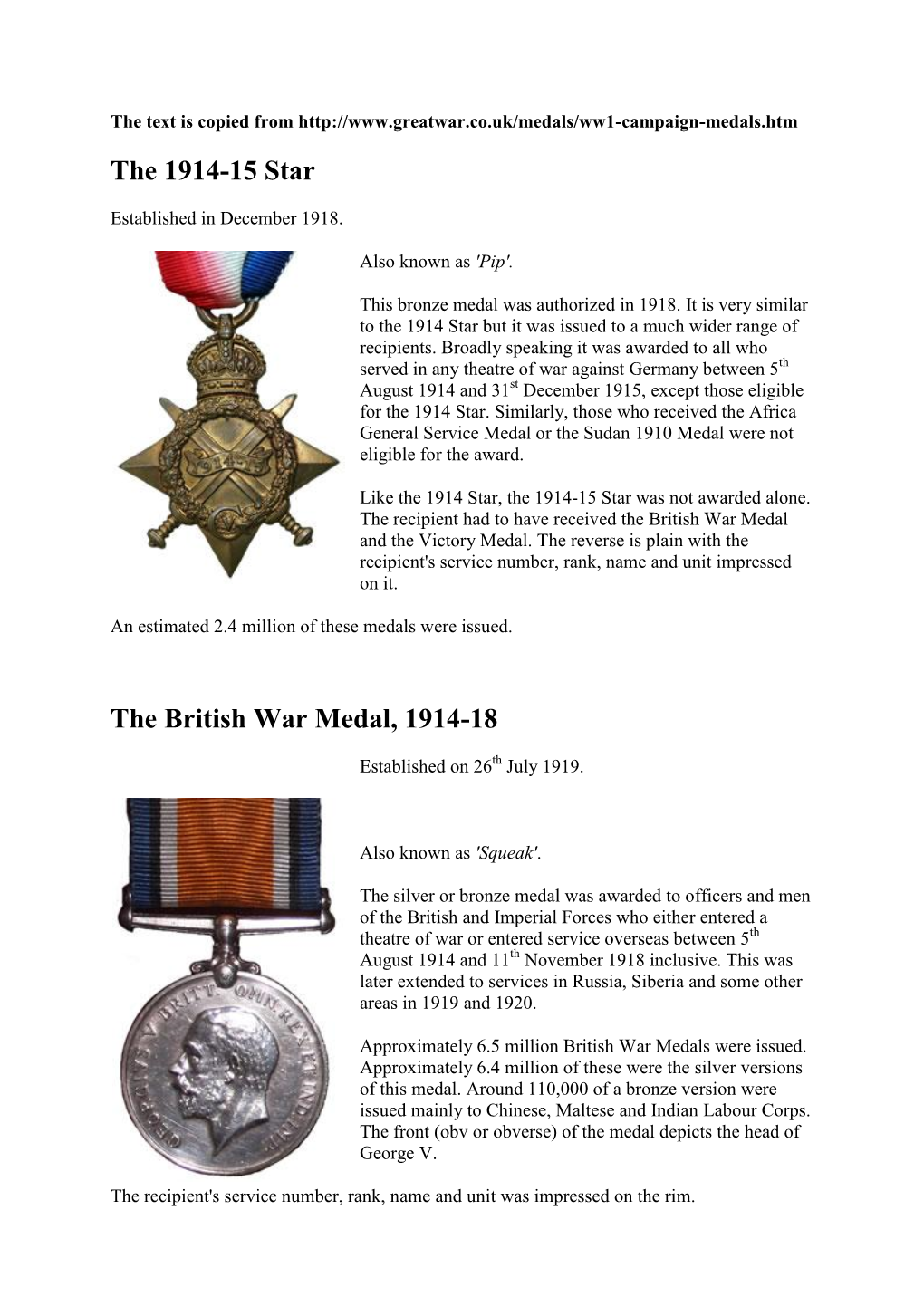 The 1914-15 Star the British War Medal, 1914-18