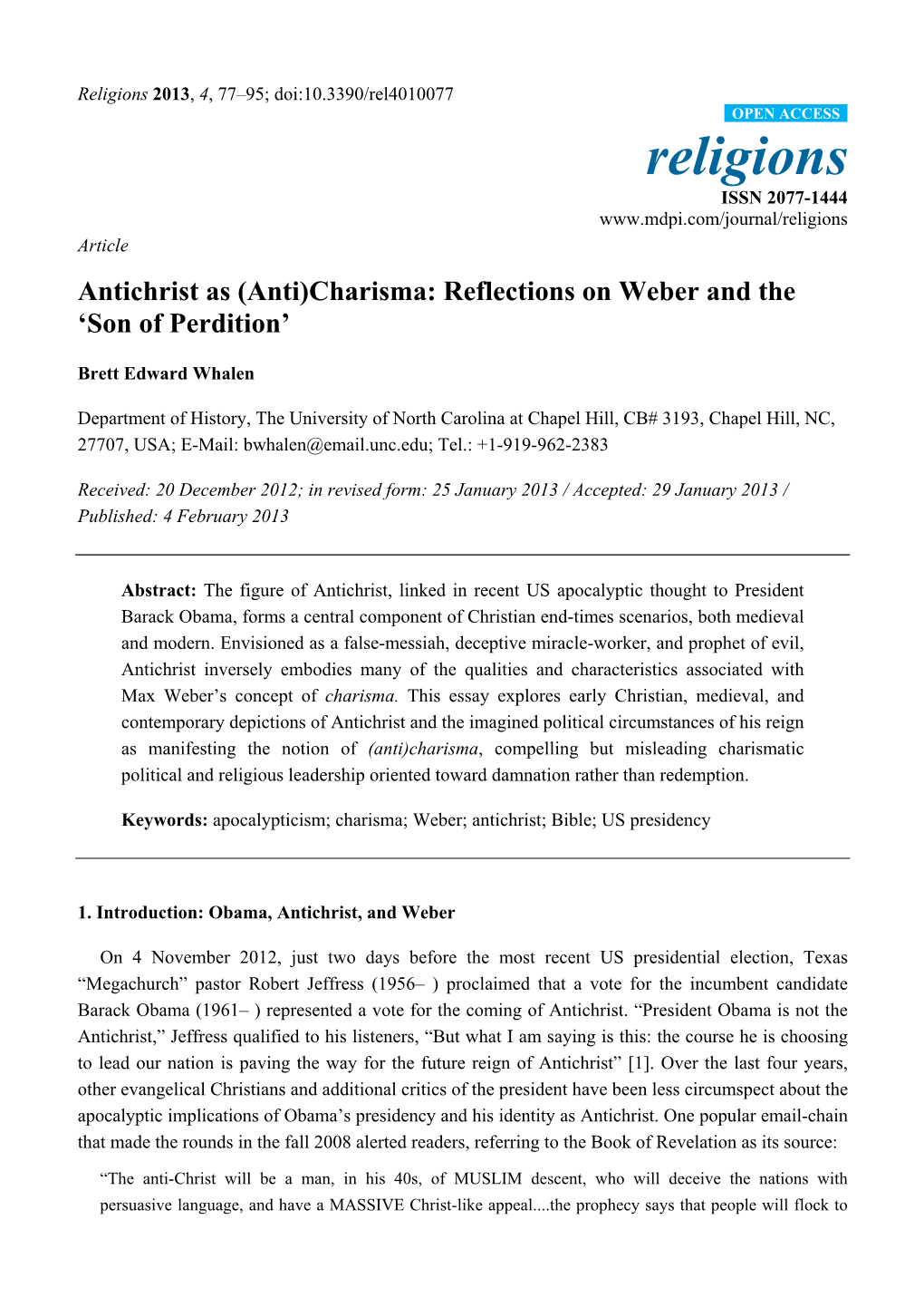 Antichrist As (Anti)Charisma: Reflections on Weber and the ‘Son of Perdition’