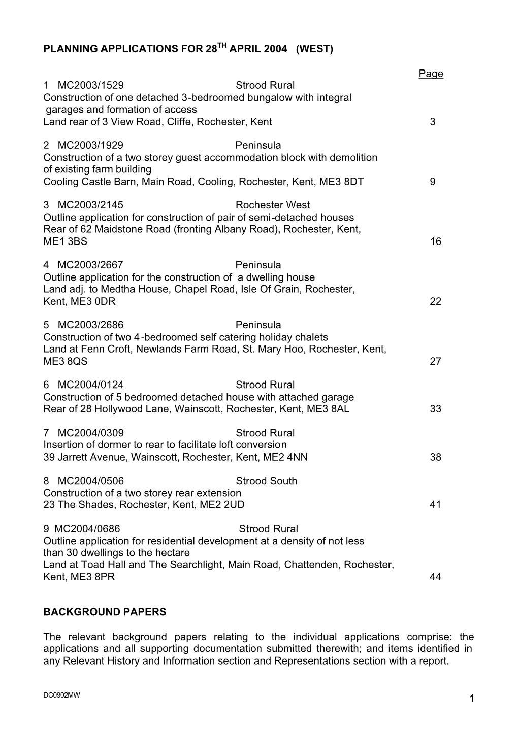 Planning Applications for 28Th April 2004 (West)