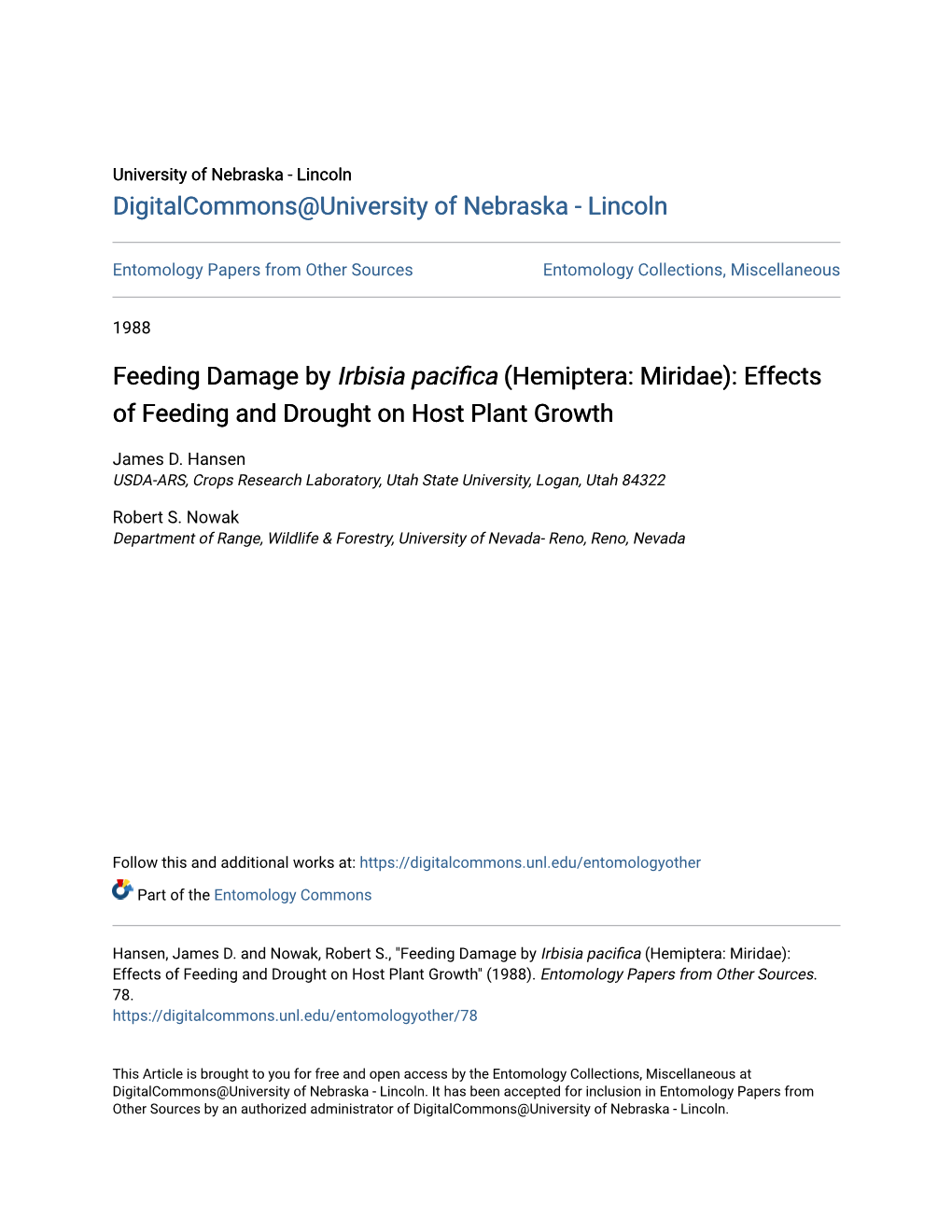 Feeding Damage by Irbisia Pacifica (Hemiptera: Miridae): Effects of Feeding and Drought on Host Plant Growth