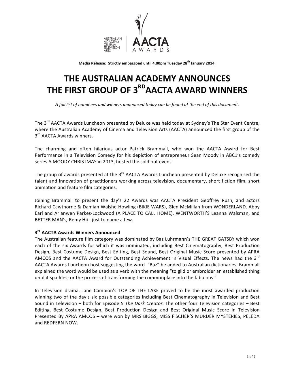 Aacta Award Winners