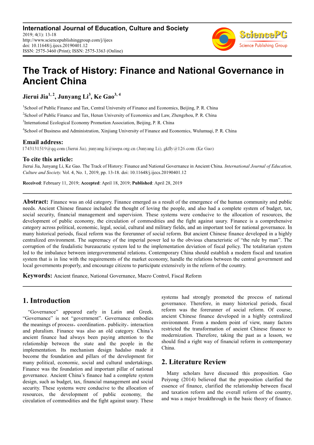 Finance and National Governance in Ancient China