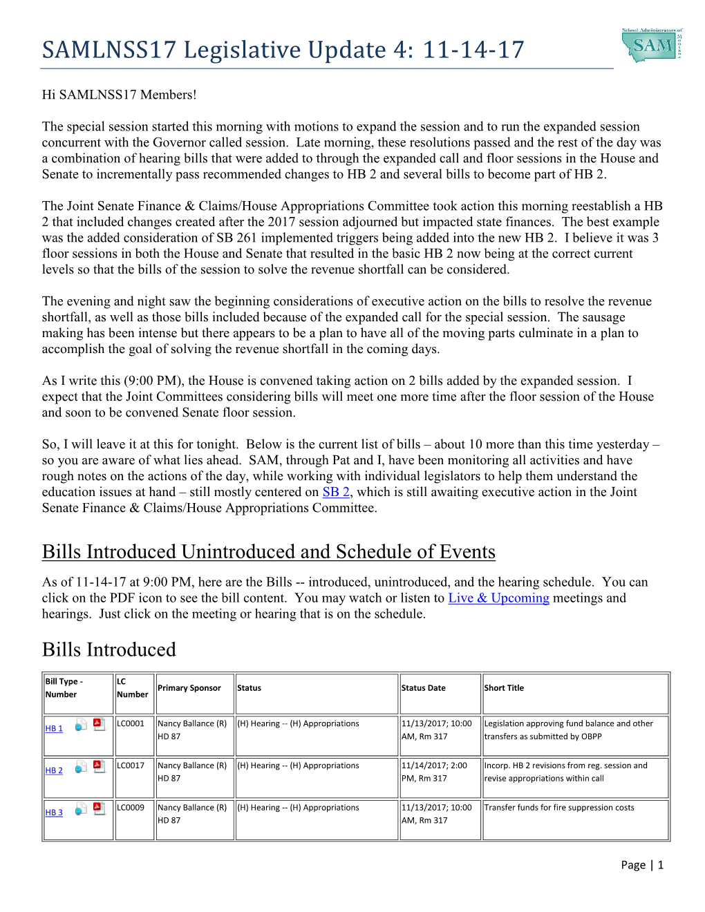 SAMLNSS17 Legislative Update 4: 11-14-17