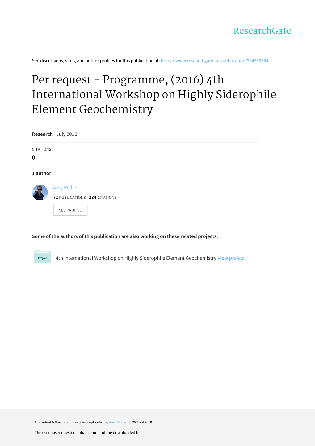 Programme, (2016) 4Th International Workshop on Highly Siderophile Element Geochemistry