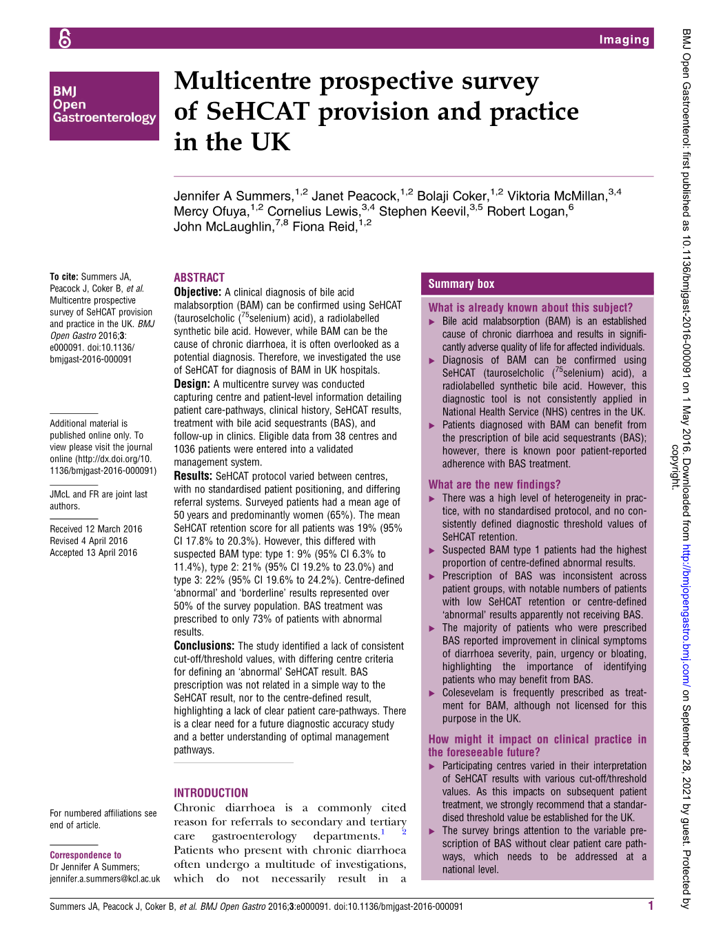 Multicentre Prospective Survey of Sehcat Provision and Practice in the UK