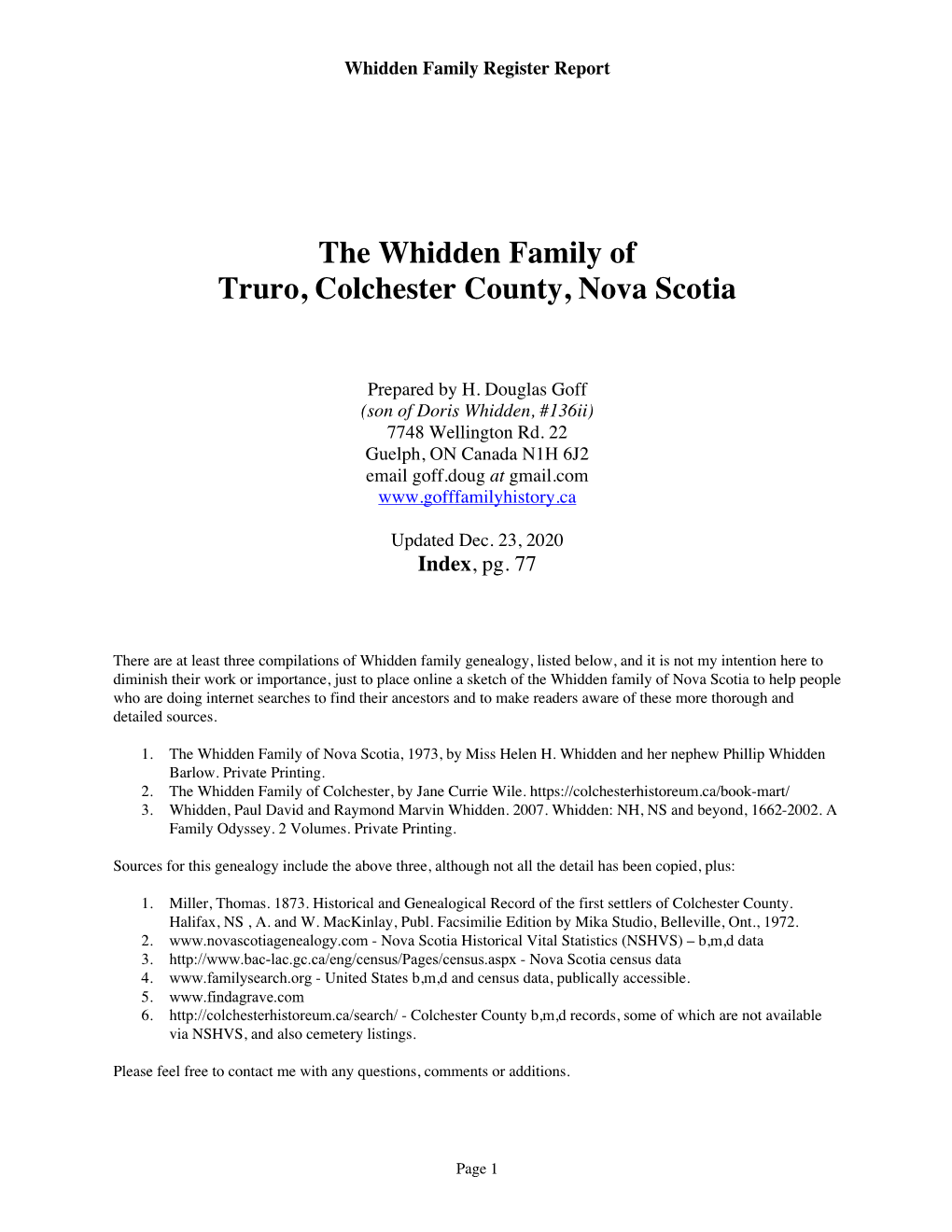 The Whidden Family of Truro, Colchester County, Nova Scotia