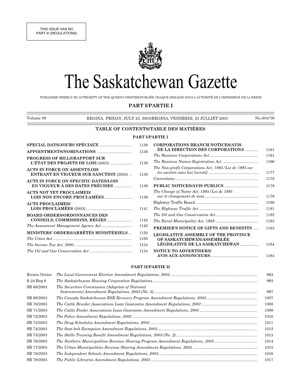 Sask Gazette, Part I, Jul 25, 2003