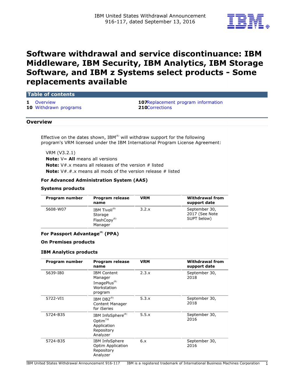 Software Withdrawal and Service Discontinuance: IBM Middleware, IBM Security, IBM Analytics, IBM Storage Software, and IBM Z